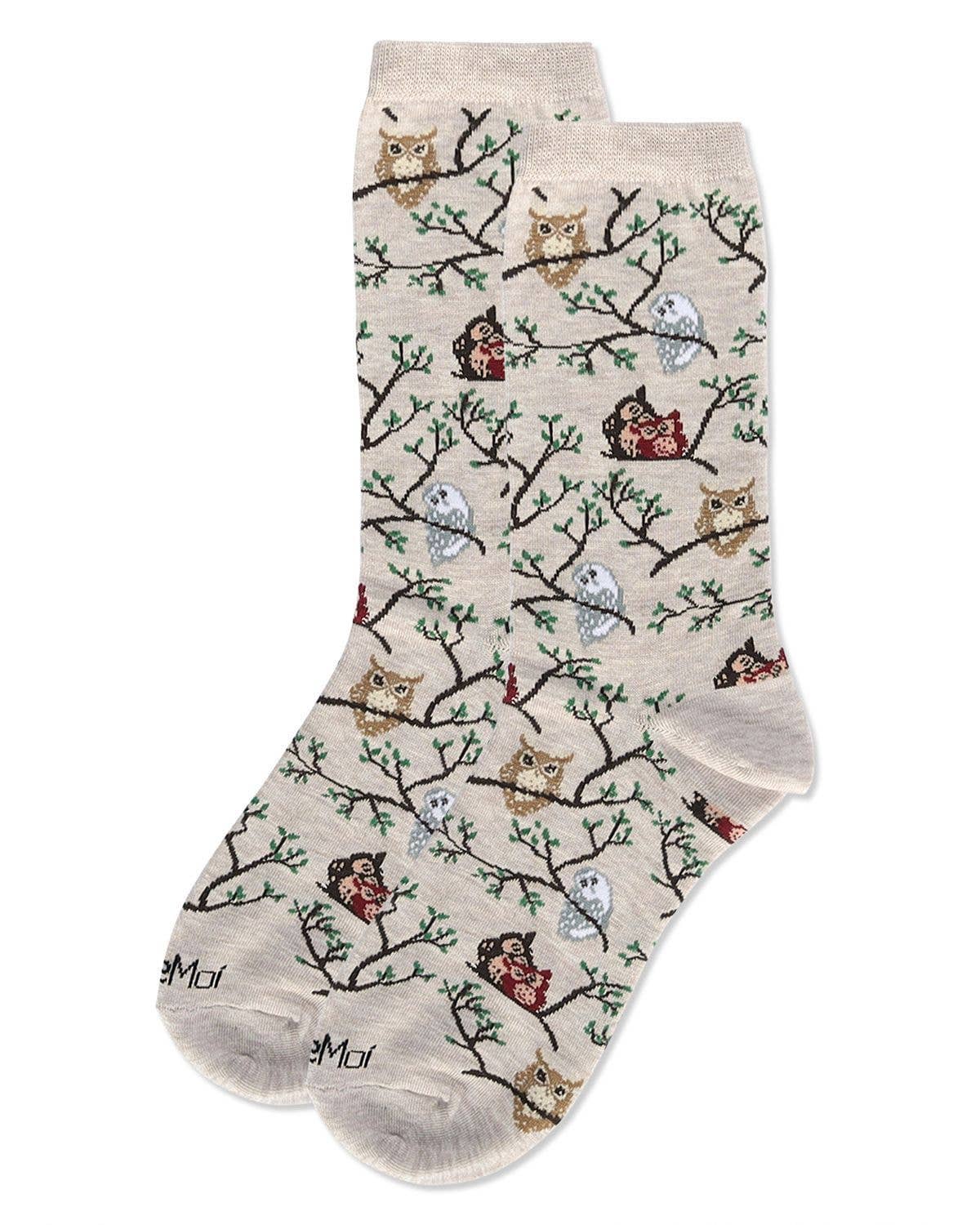 Oatmeal Owls Bamboo Crew Socks