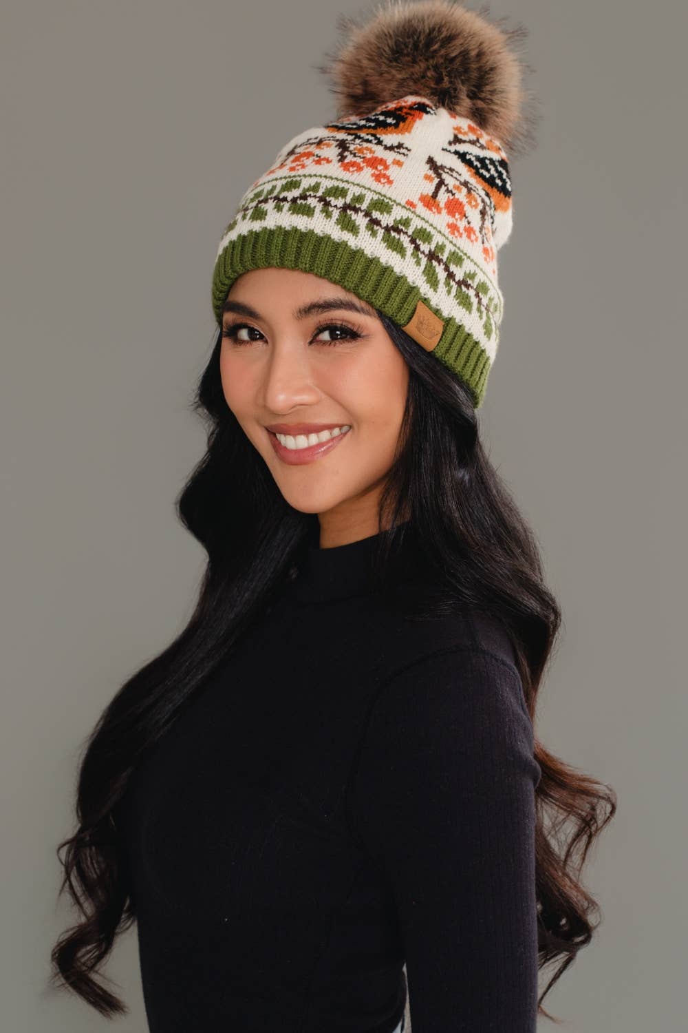 Olive & Cream Bird Pattern Pom Hat
