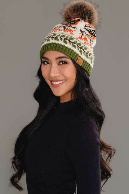 Olive & Cream Bird Pattern Pom Hat