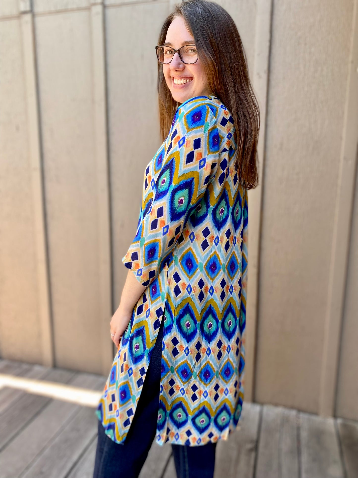 Button Up Tunic in Blue Diamonds