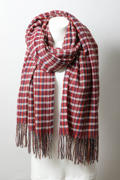 Cozy Burgundy Tartan Tassel Scarf