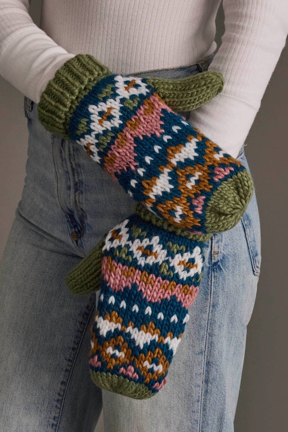 Green, Blue, Pink & Brown Patterned Mittens