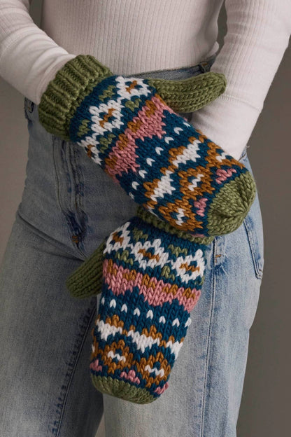 Green, Blue, Pink & Brown Patterned Mittens