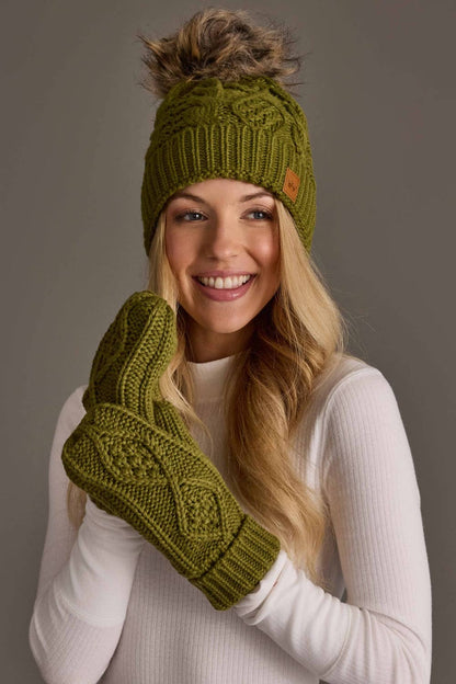 Olive Cable Knit Pom Hat