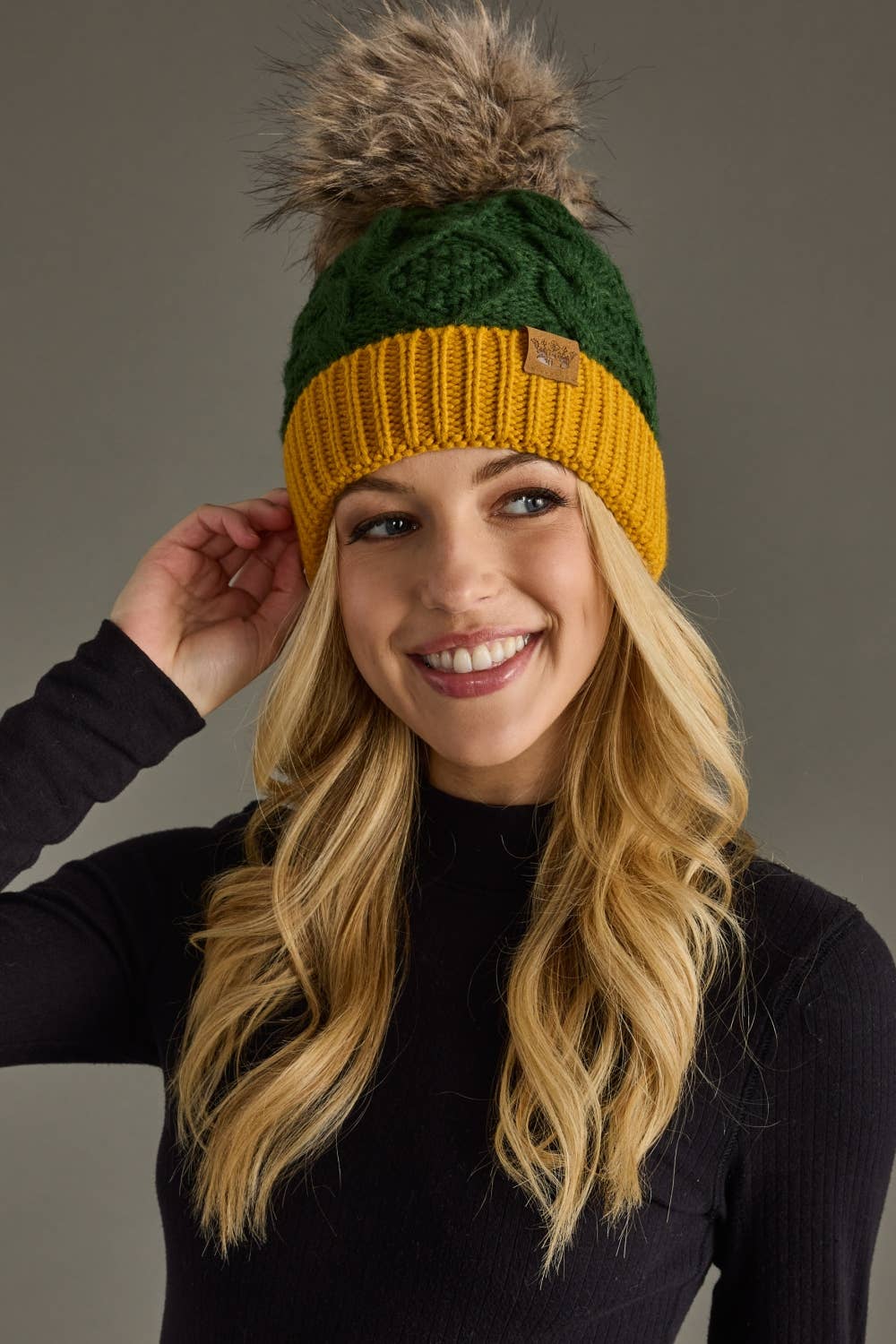 Green & Gold Cable Knit Pom Hat