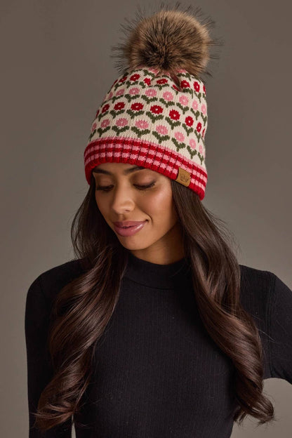 Cream, Red & Pink Floral Pattern Pom Hat