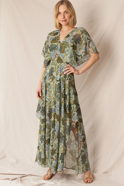 Printed Gauze Maxi Dress in Green