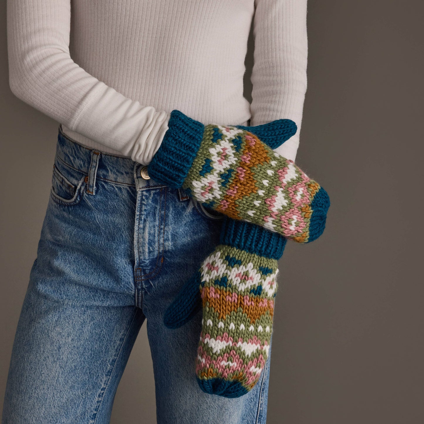 Blue, Green, Pink & Brown Patterned Mittens
