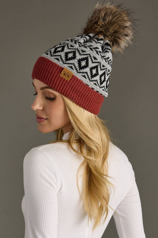 Gray, Black & Rust Pattern Pom Hat