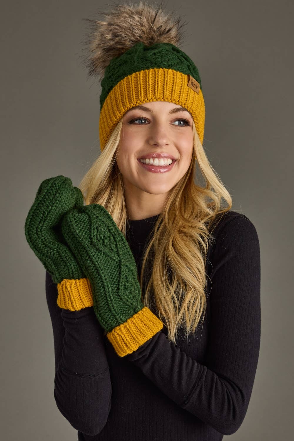 Green & Gold Cable Knit Pom Hat