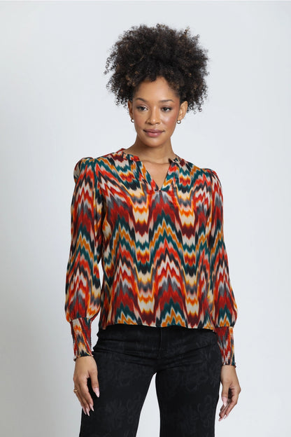 Split Neck Blouse in Multi Zig Zag Print | APNY