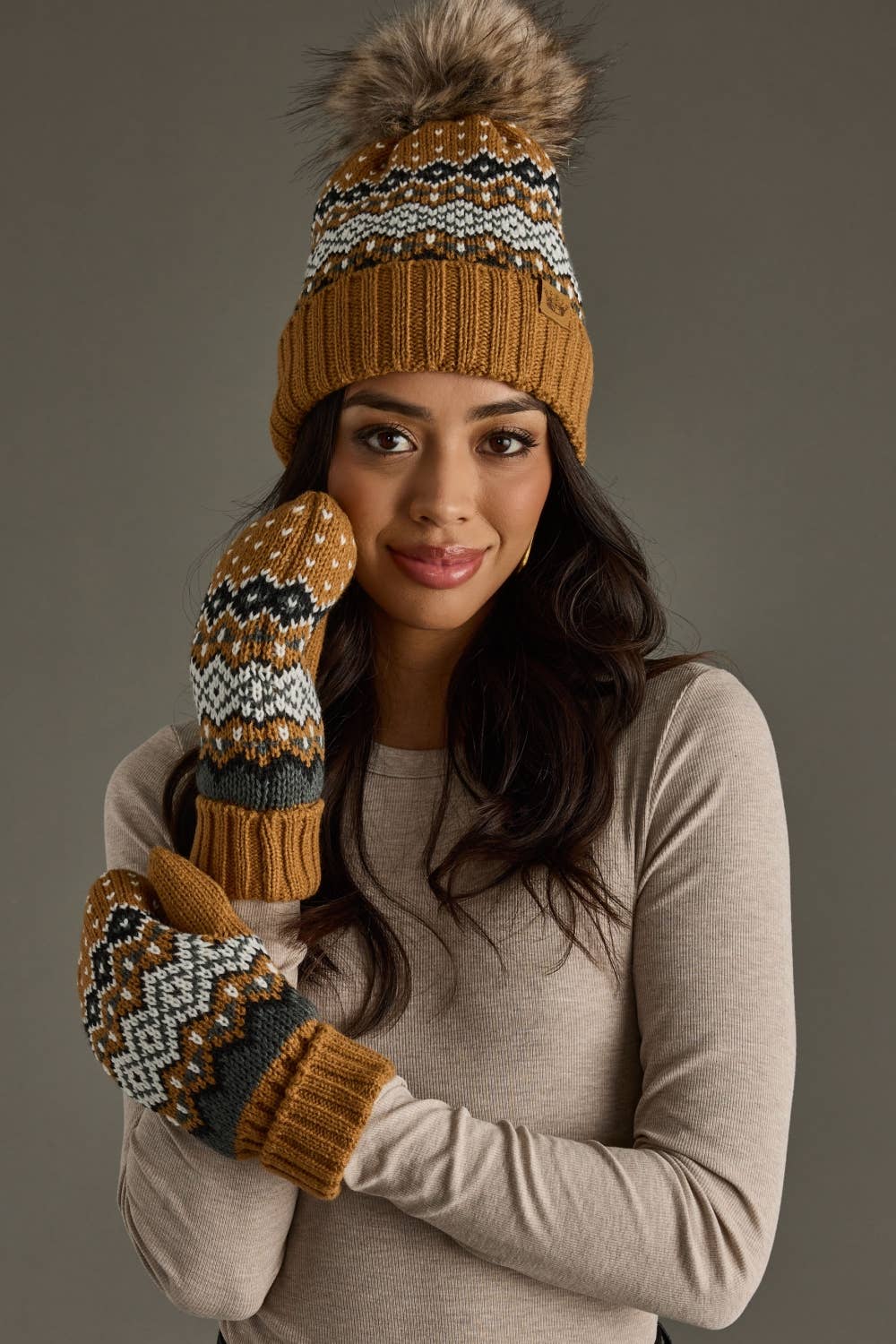 Camel, Black, & White Patterned Mittens