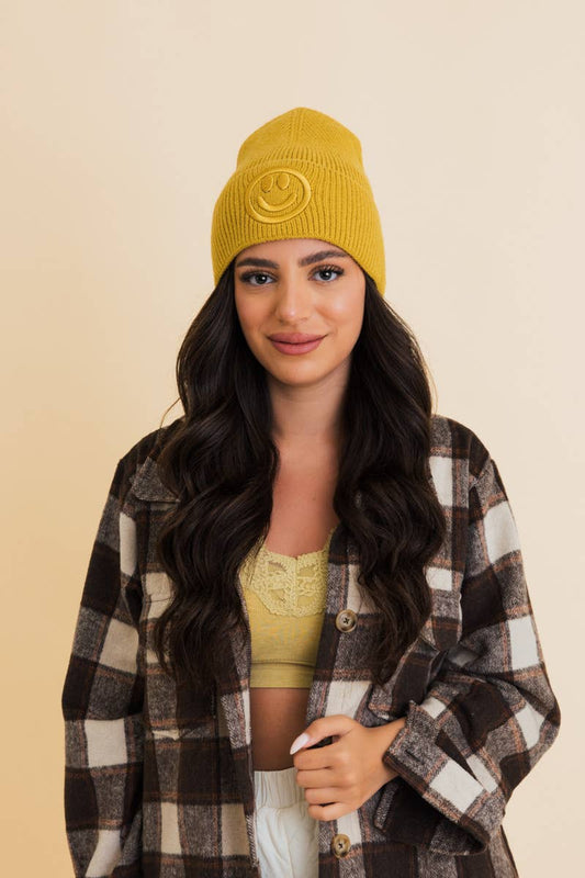 Happy Face Embroidered Beanie in Mustard