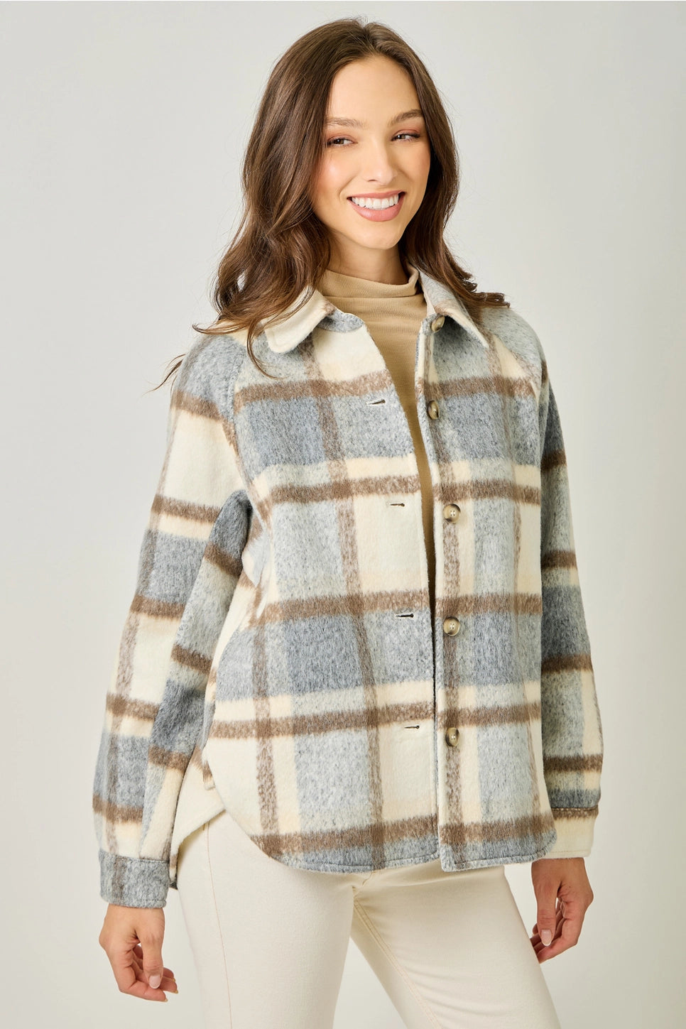 Brushed Shirt Jacket in Blue & Cream Plaid