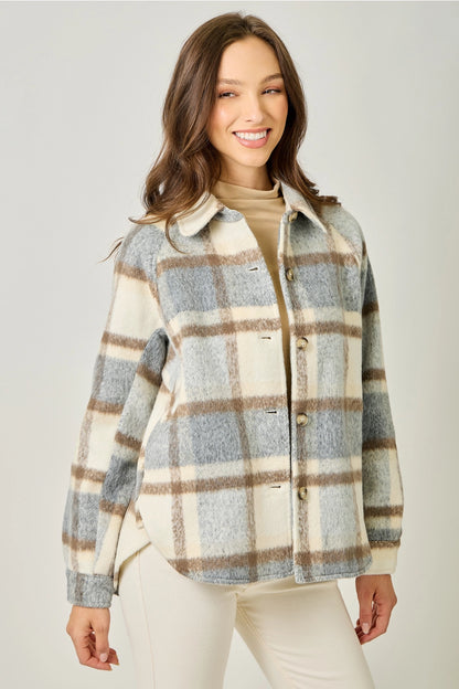 Brushed Shirt Jacket in Blue & Cream Plaid