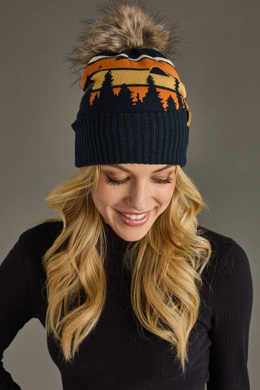 Dark Navy Forest Landscape Pom Hat