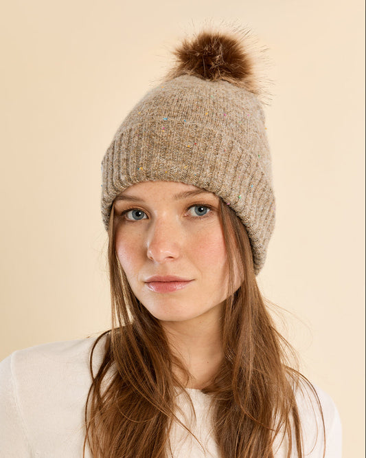 Pompom Confetti Knit Beanie in Beige