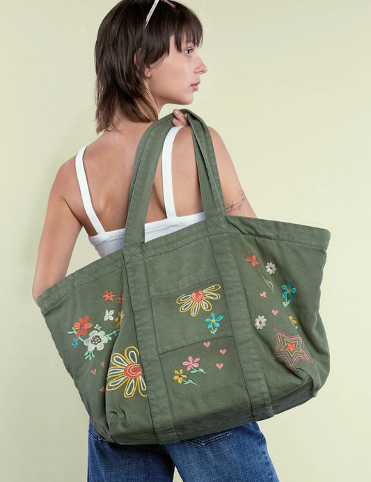 Floral Embroidered Tote in Green | Billy T