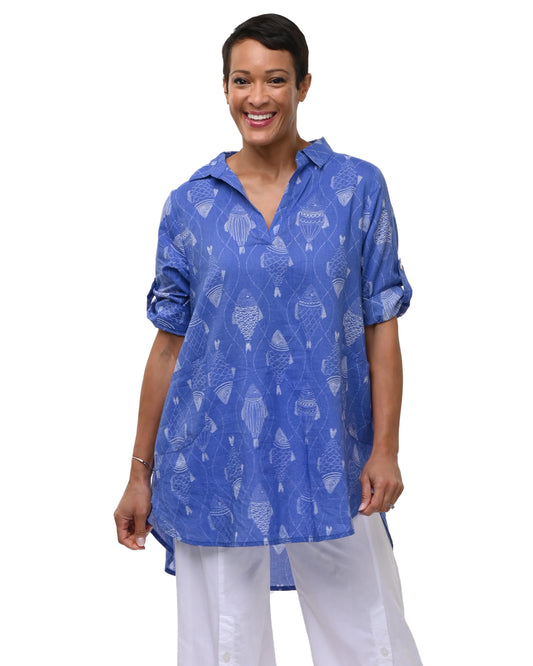 York Tunic in Blue Fish Print | Tulip