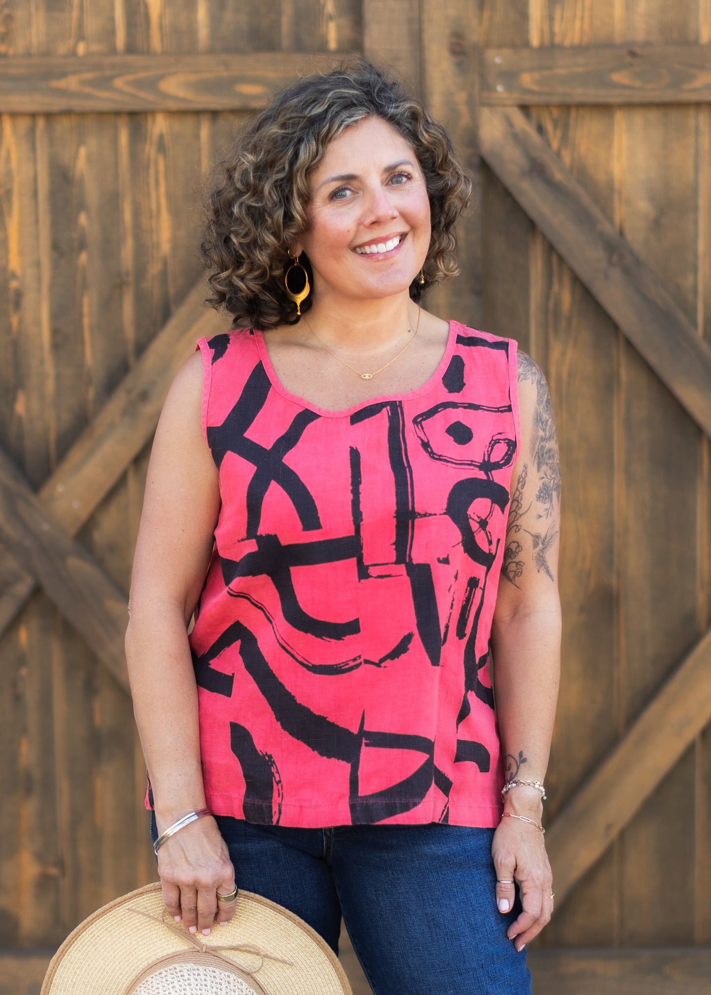 Boxy Linen Tank in Abstract Poppy | Fenini