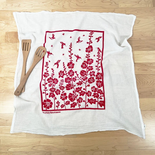 Raspberry Hummingbirds Flour Sack Tea Towel