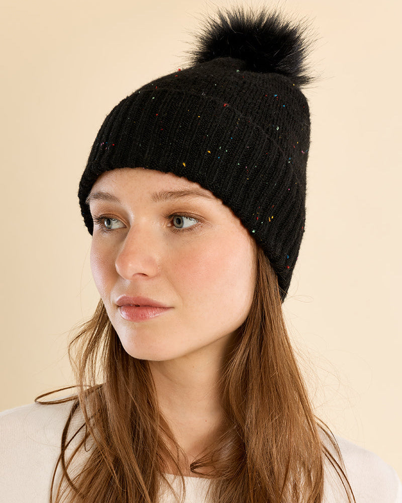 Pompom Knit Sequin Beanie in Black