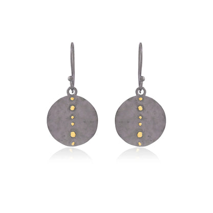 Black Round Disc with Gold Dot Earrings