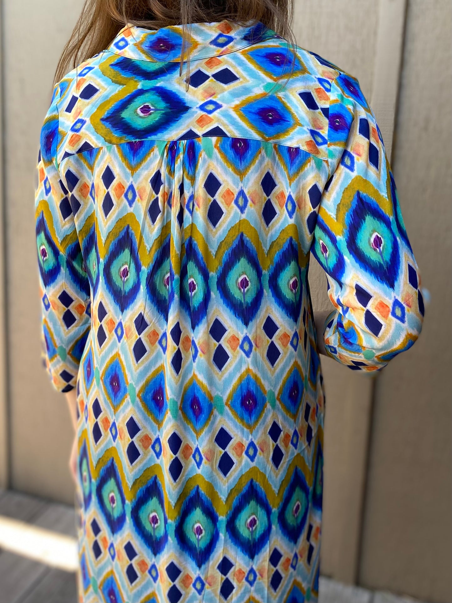 Button Up Tunic in Blue Diamonds