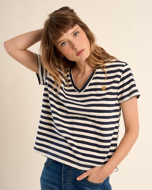Striped Heart Tee in Navy Blue