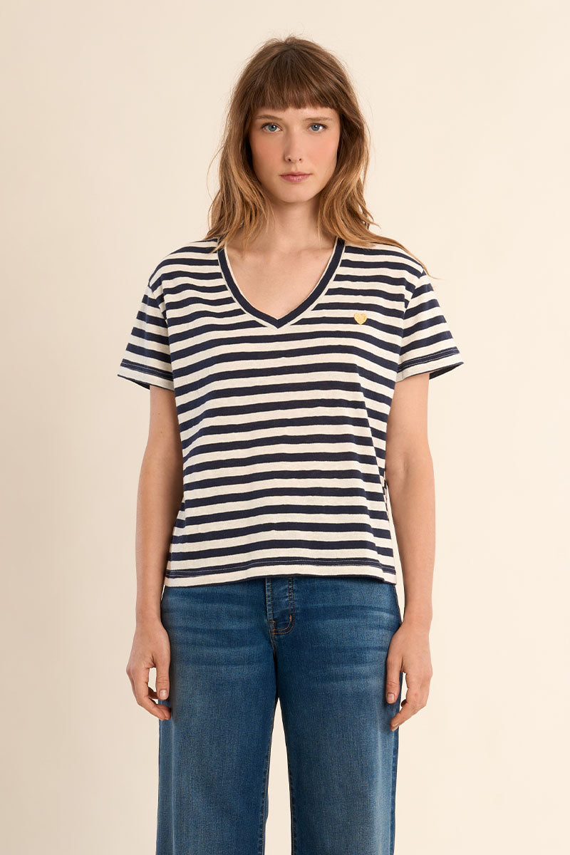 Striped Heart Tee in Navy Blue