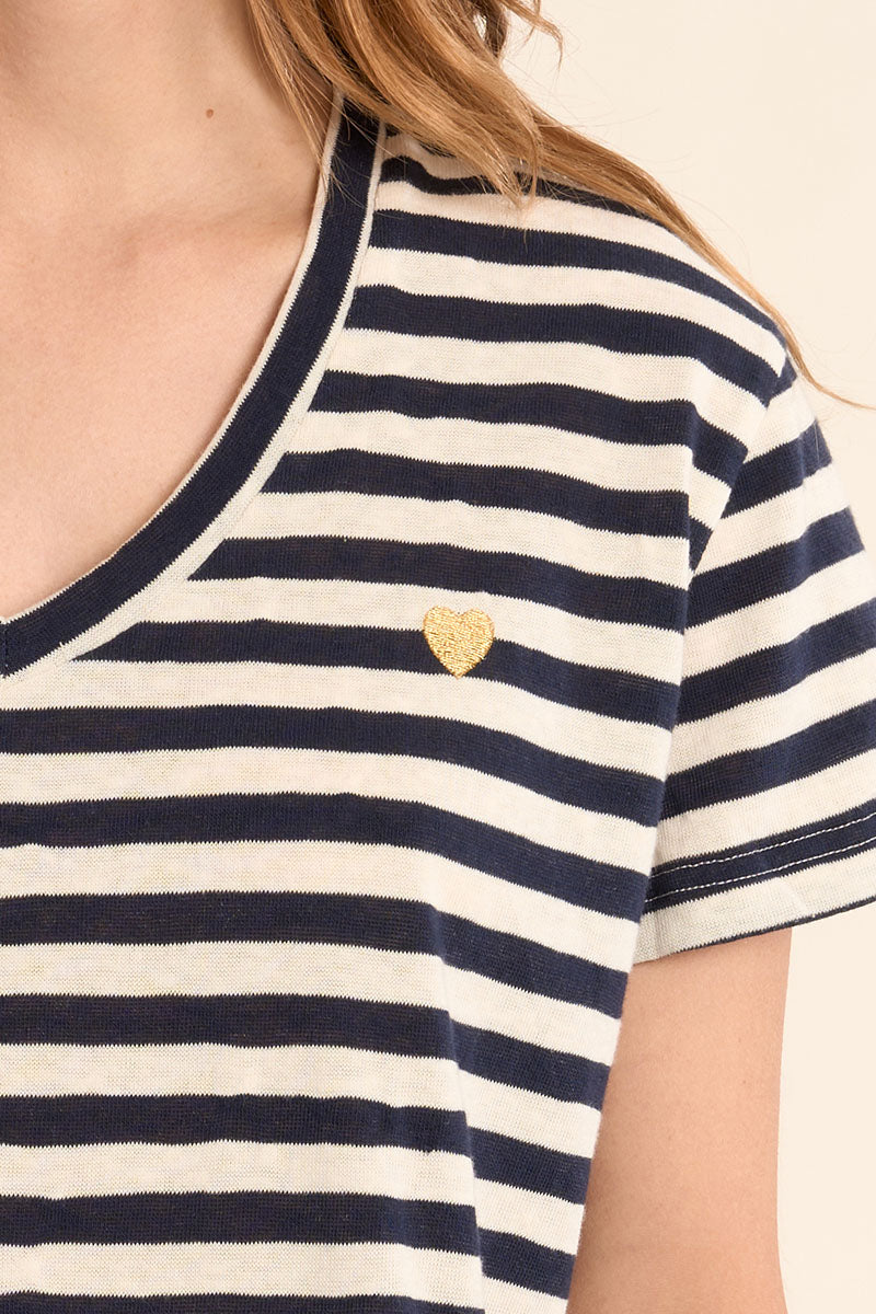 Striped Heart Tee in Navy Blue