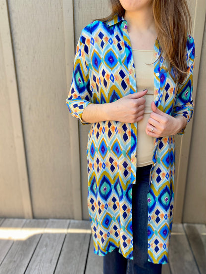 Button Up Tunic in Blue Diamonds