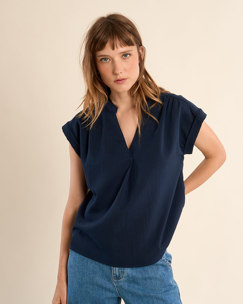 Short Sleeve Dolman Blouse in Navy