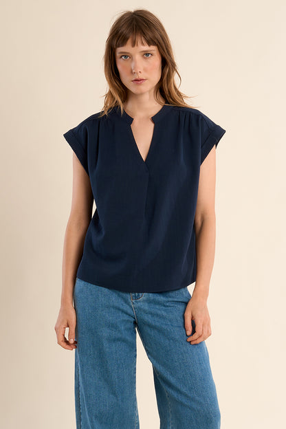 Short Sleeve Dolman Blouse in Navy