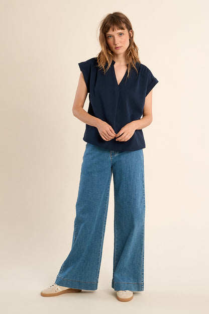 Short Sleeve Dolman Blouse in Navy