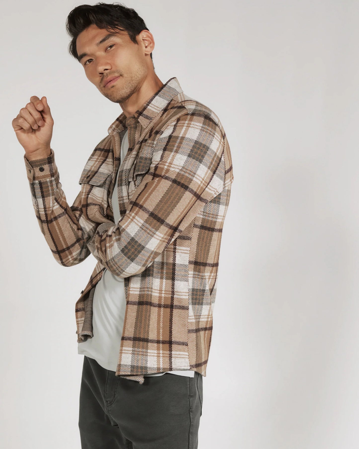 Generation Knit Shirt in Camel Plaid