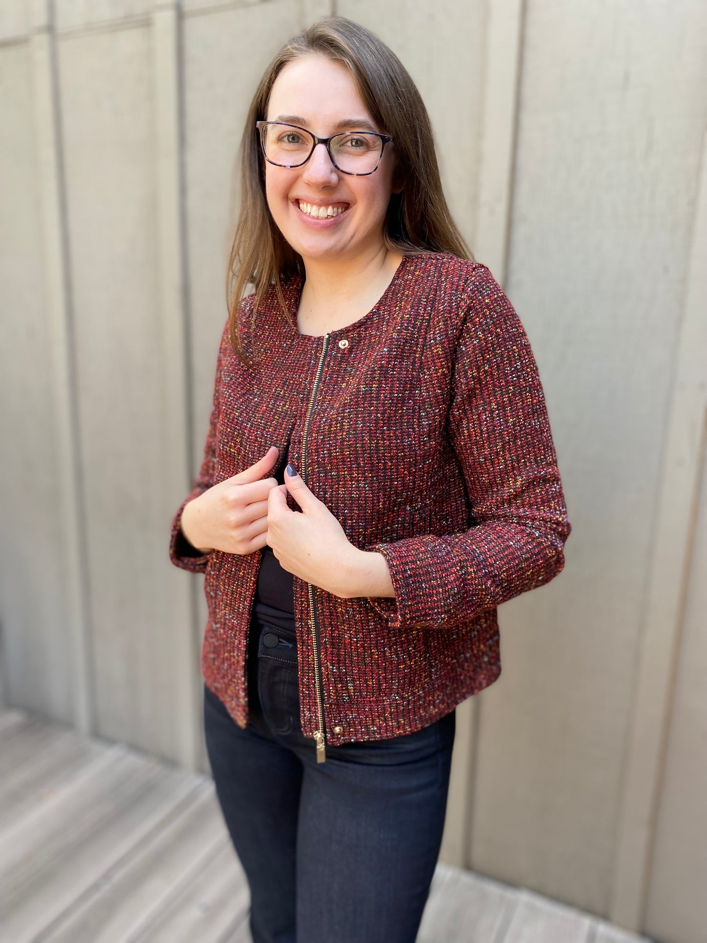 Collarless Zip Up Jacket in Bordeaux