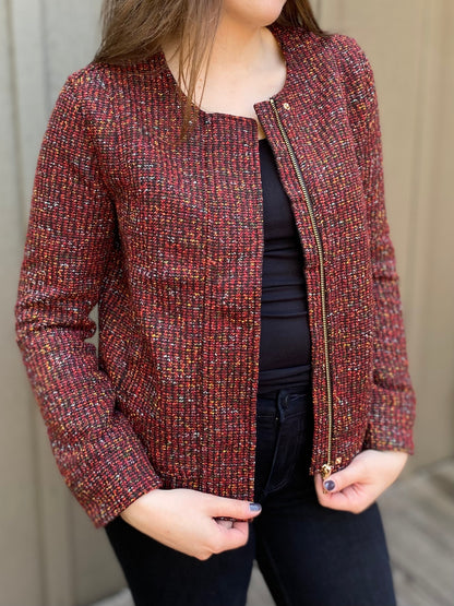 Collarless Zip Up Jacket in Bordeaux