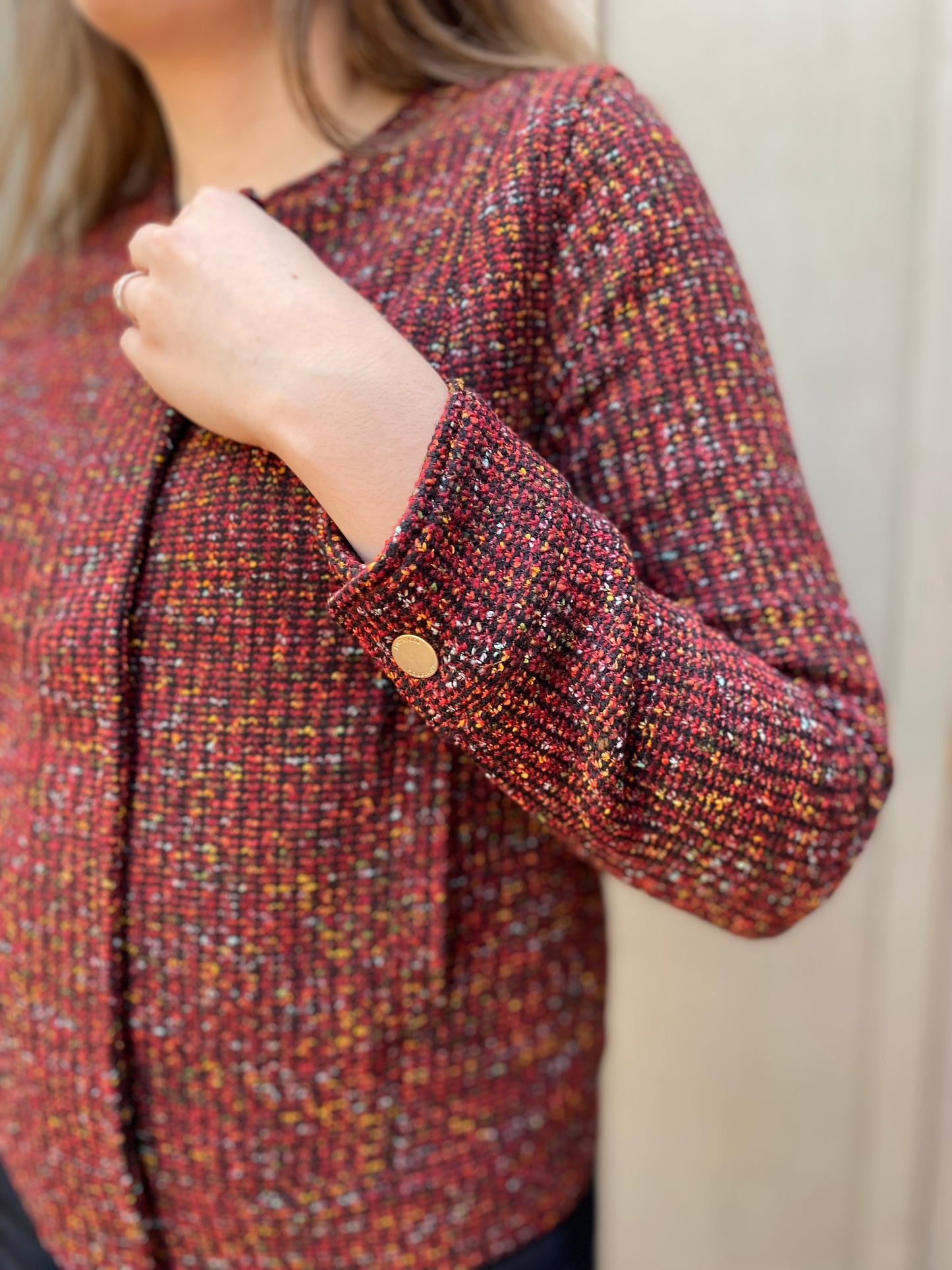 Collarless Zip Up Jacket in Bordeaux