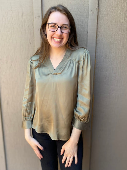 Long Sleeve Pleat Neck Blouse in Spanish Olive