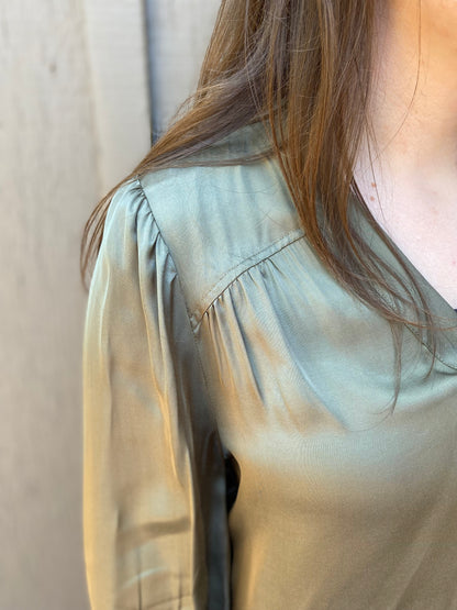 Long Sleeve Pleat Neck Blouse in Spanish Olive