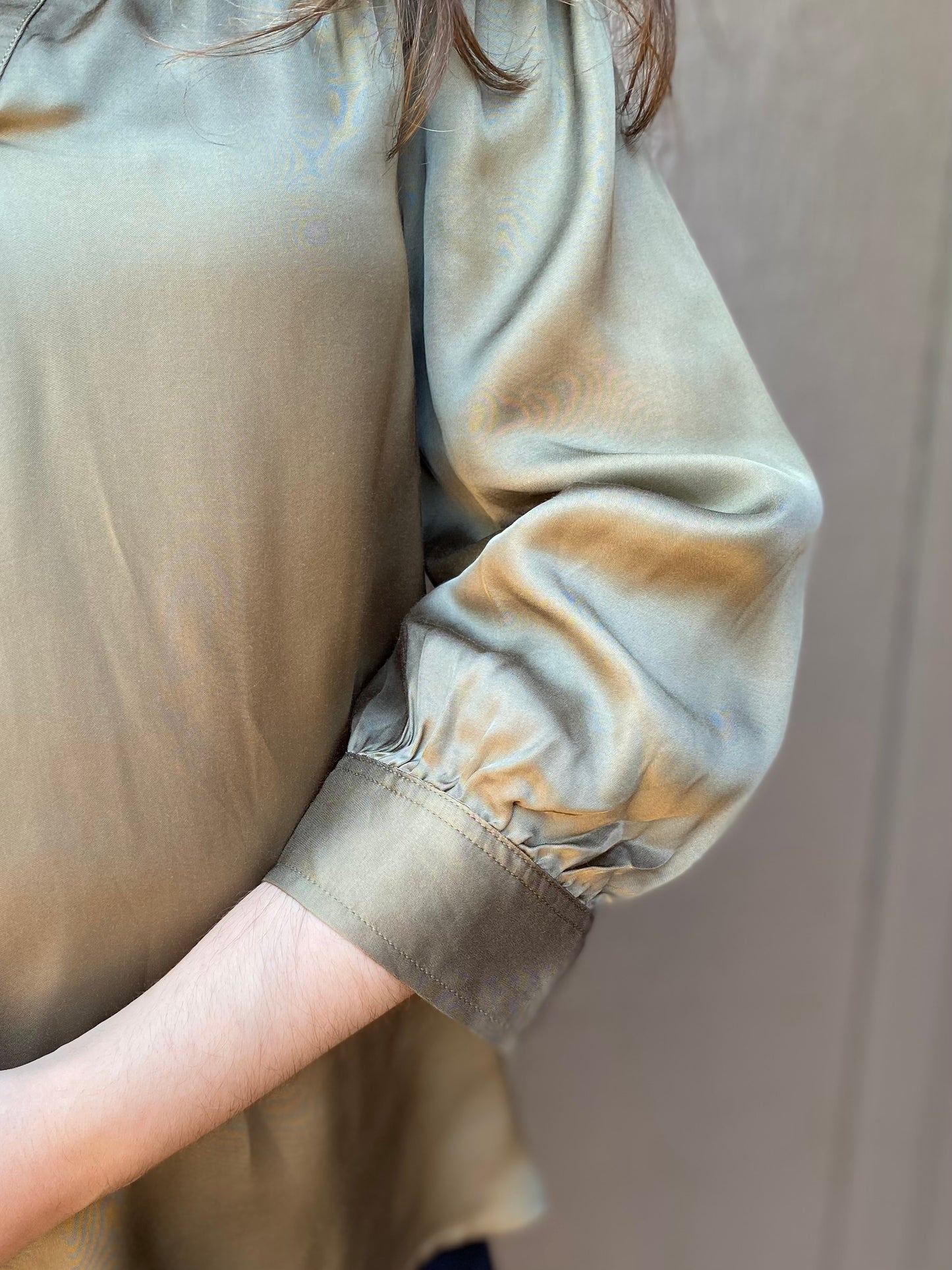 Long Sleeve Pleat Neck Blouse in Spanish Olive