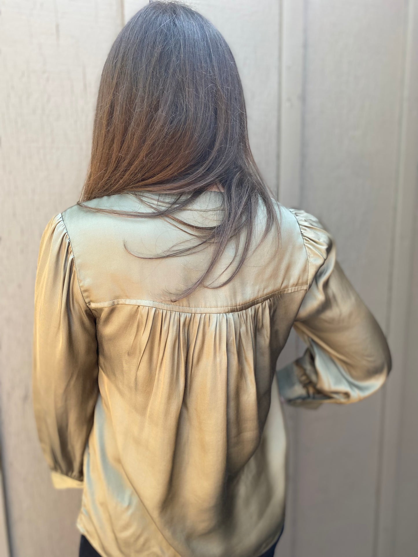 Long Sleeve Pleat Neck Blouse in Spanish Olive