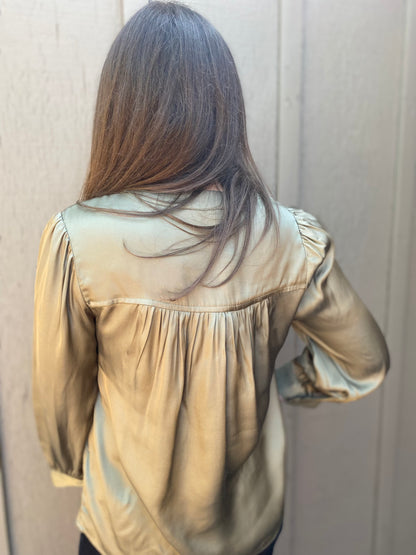 Long Sleeve Pleat Neck Blouse in Spanish Olive