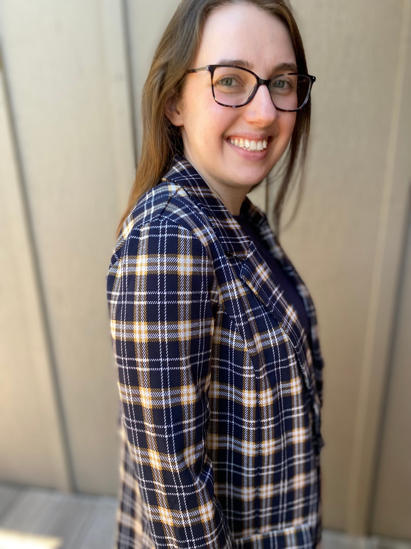 Boyfriend Blazer in Dark Navy Tartan Plaid