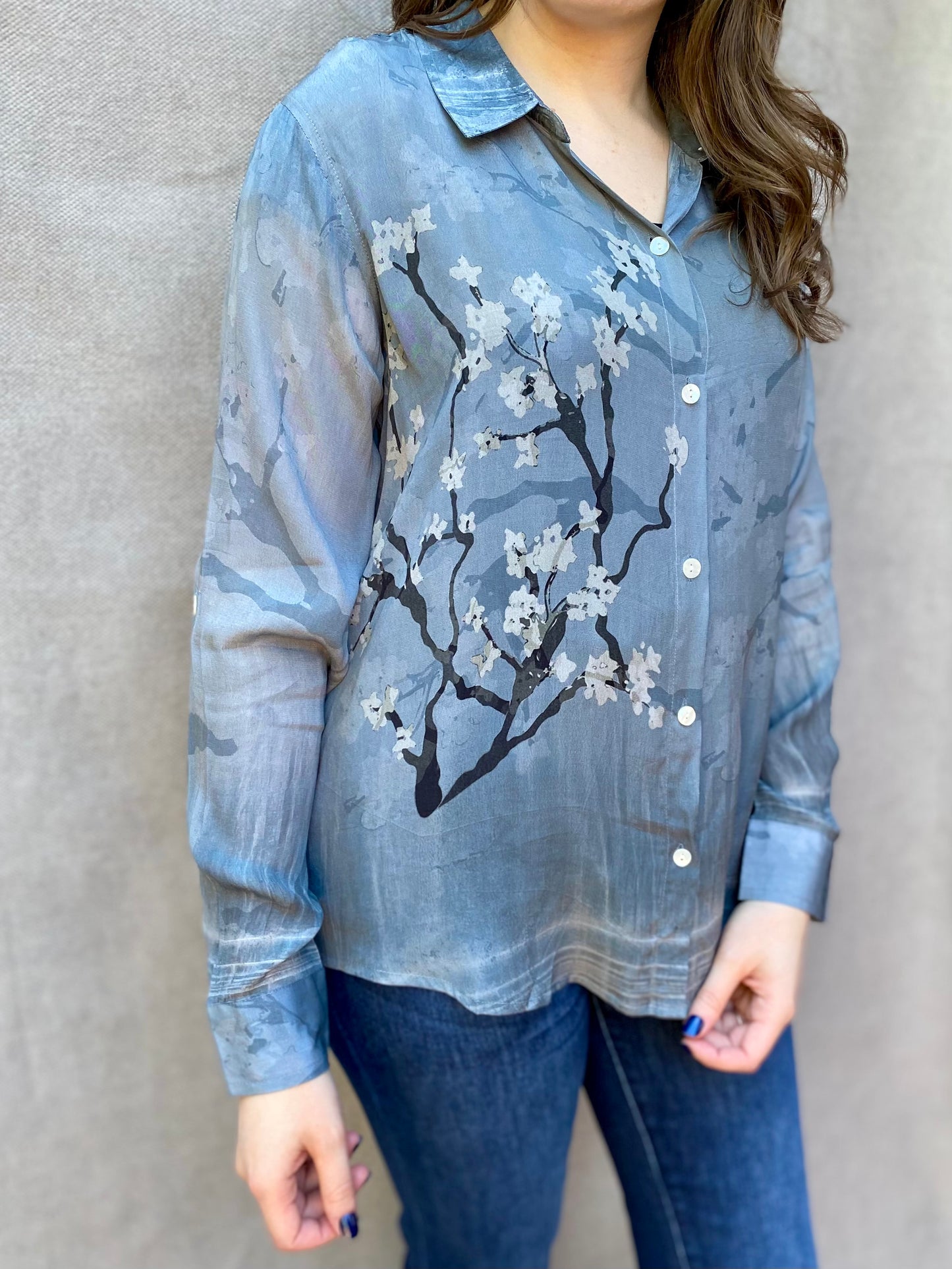 Gray Flower Branch Button-Up Blouse