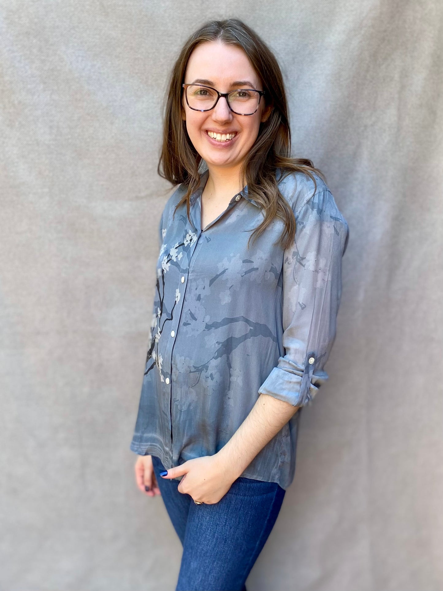 Gray Flower Branch Button-Up Blouse