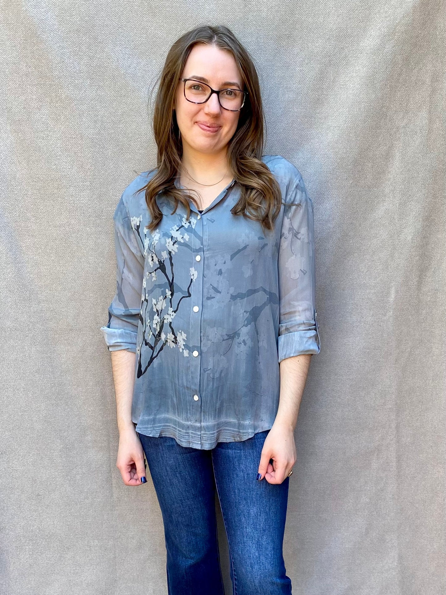 Gray Flower Branch Button-Up Blouse