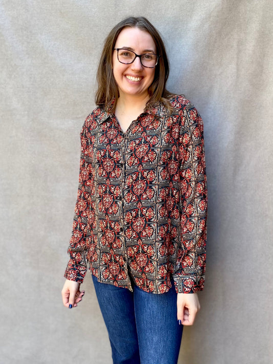 Red Multi Print Button-Up Blouse