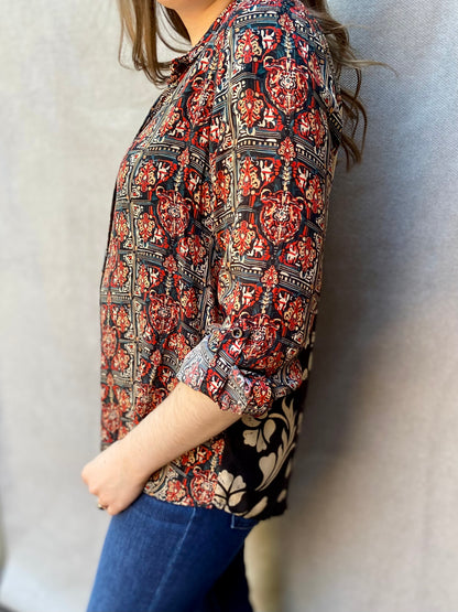 Red Multi Print Button-Up Blouse